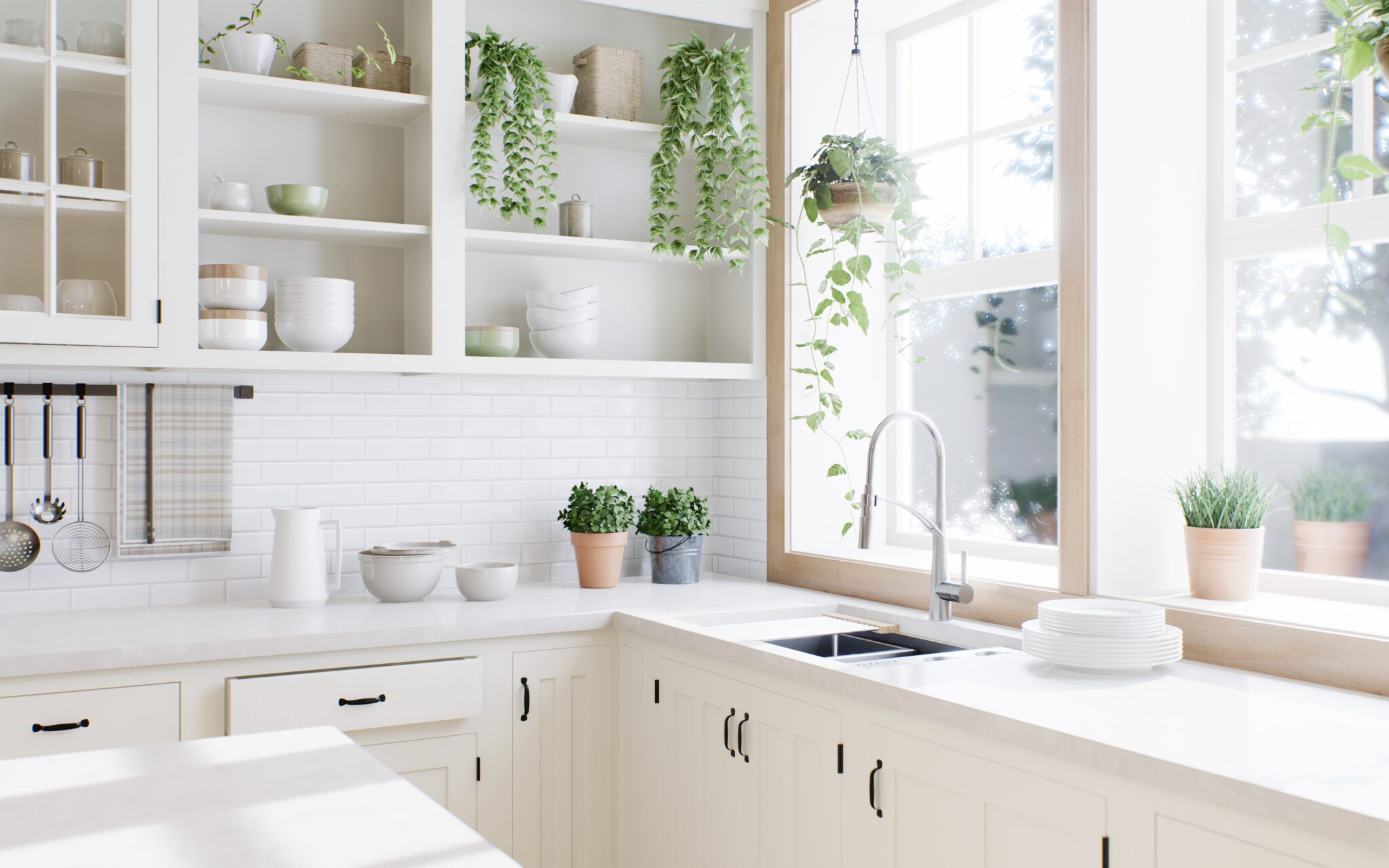 New kitchen cabinet glass and window glass in white kitchen