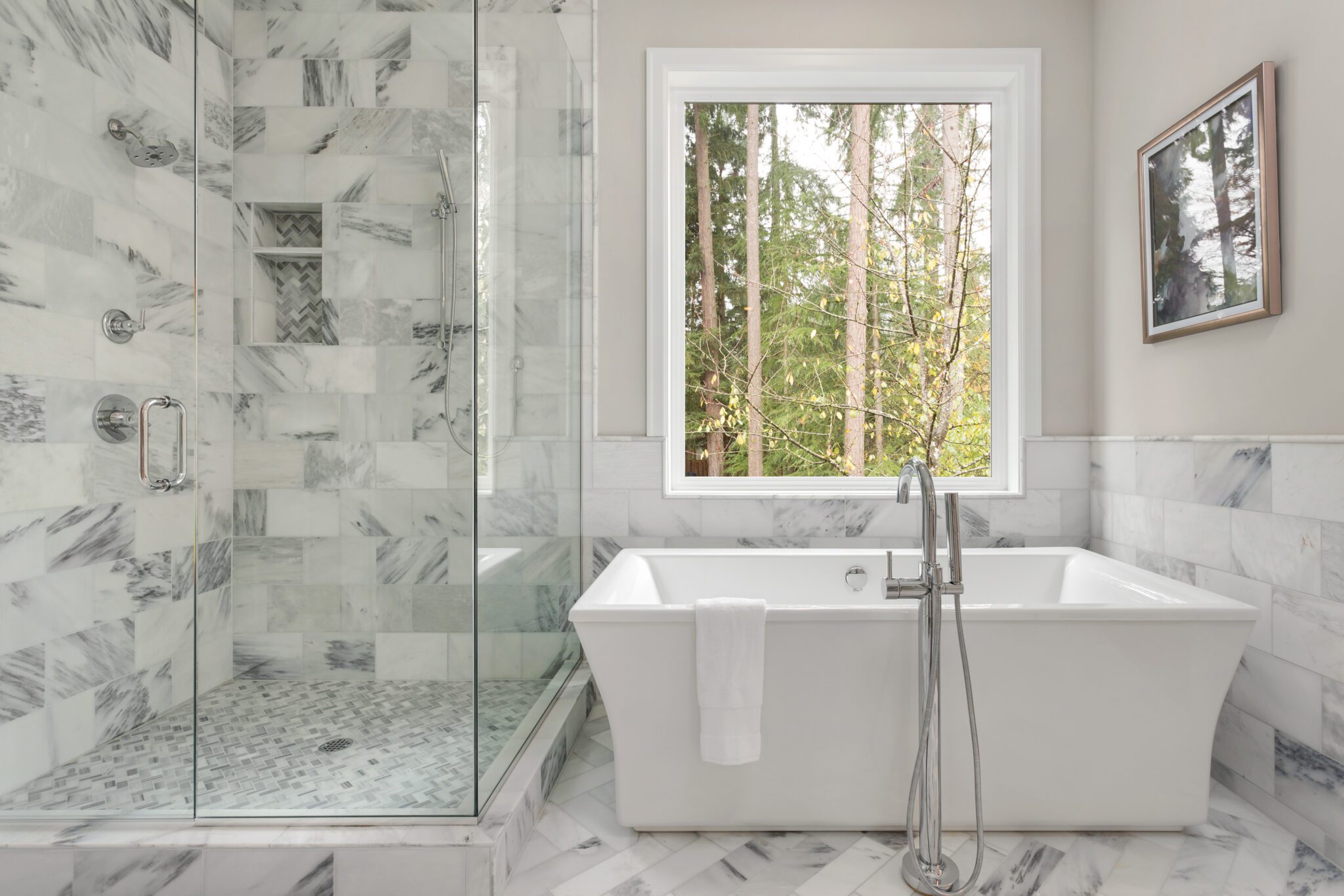 New bathroom window, tub, tile, and shower enclosure
