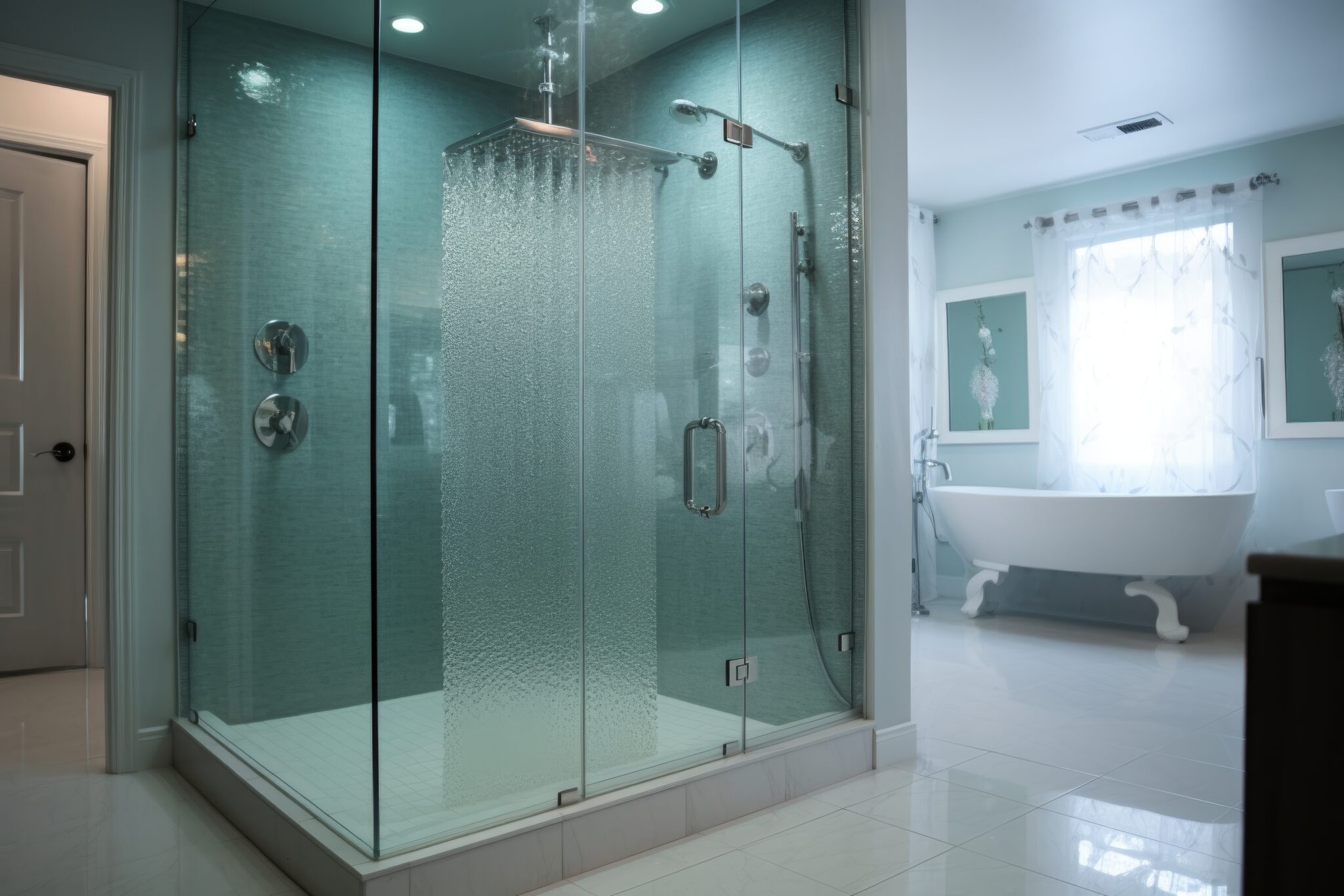 Glass replacement in waterfall shower and large bathroom